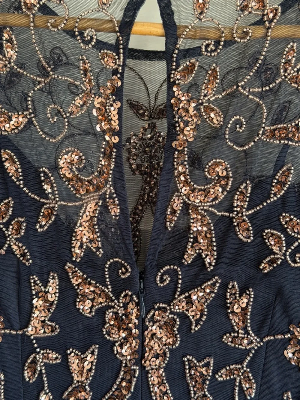 NWT Adrianna Papell Beaded Mesh Godet Navy Rose Gold Long Formal Gown Size 4